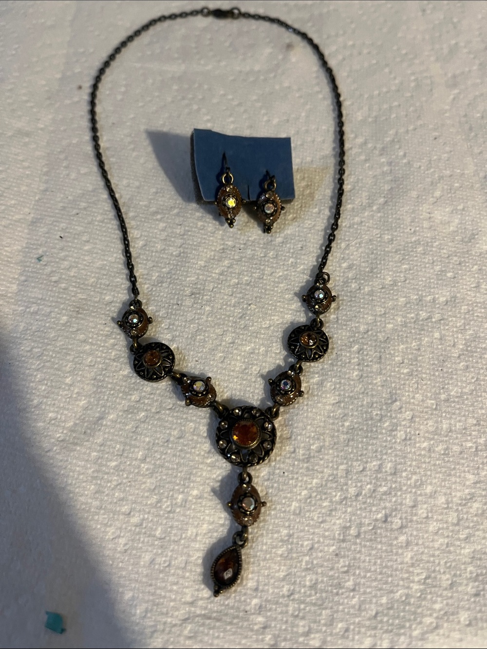 Avon Vintage-Inspired Bronze Necklace with Amber and Clear Stones